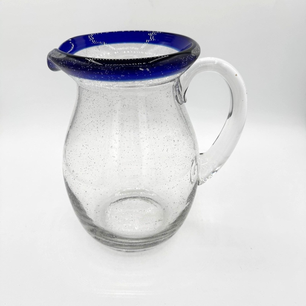 Vtg Mexican Hand Blown Glass Pitcher Cobalt Blue Rim Controlled Bubble Margarita